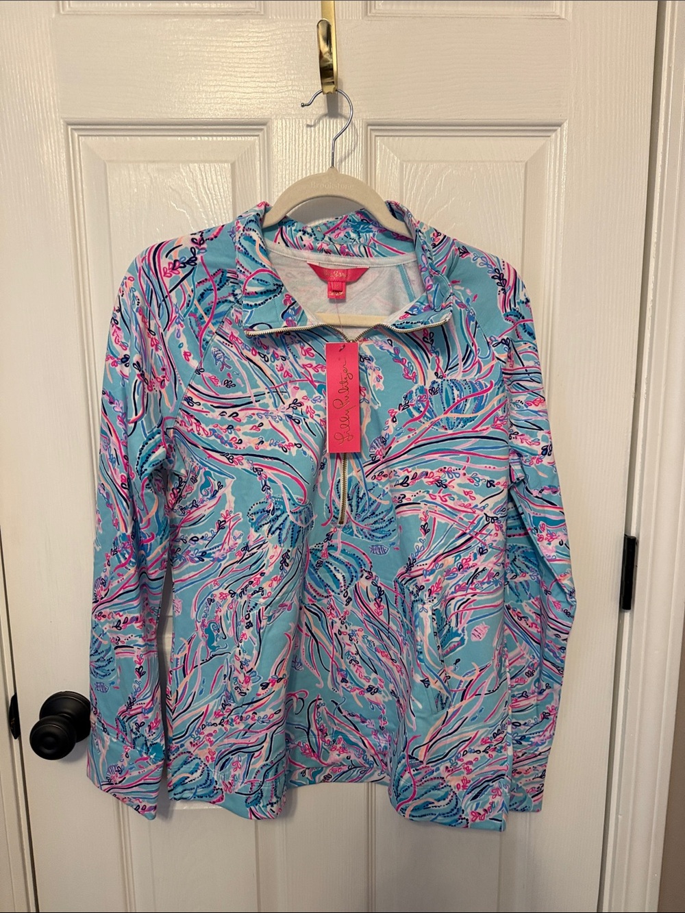 Lilly Pulitzer Aqua Pink Blue Tropical Print Half-Zip Pullover